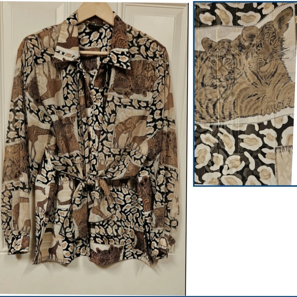 Valentina Safari Tiger Giraffe animal print long sleeves button front size XS-XL